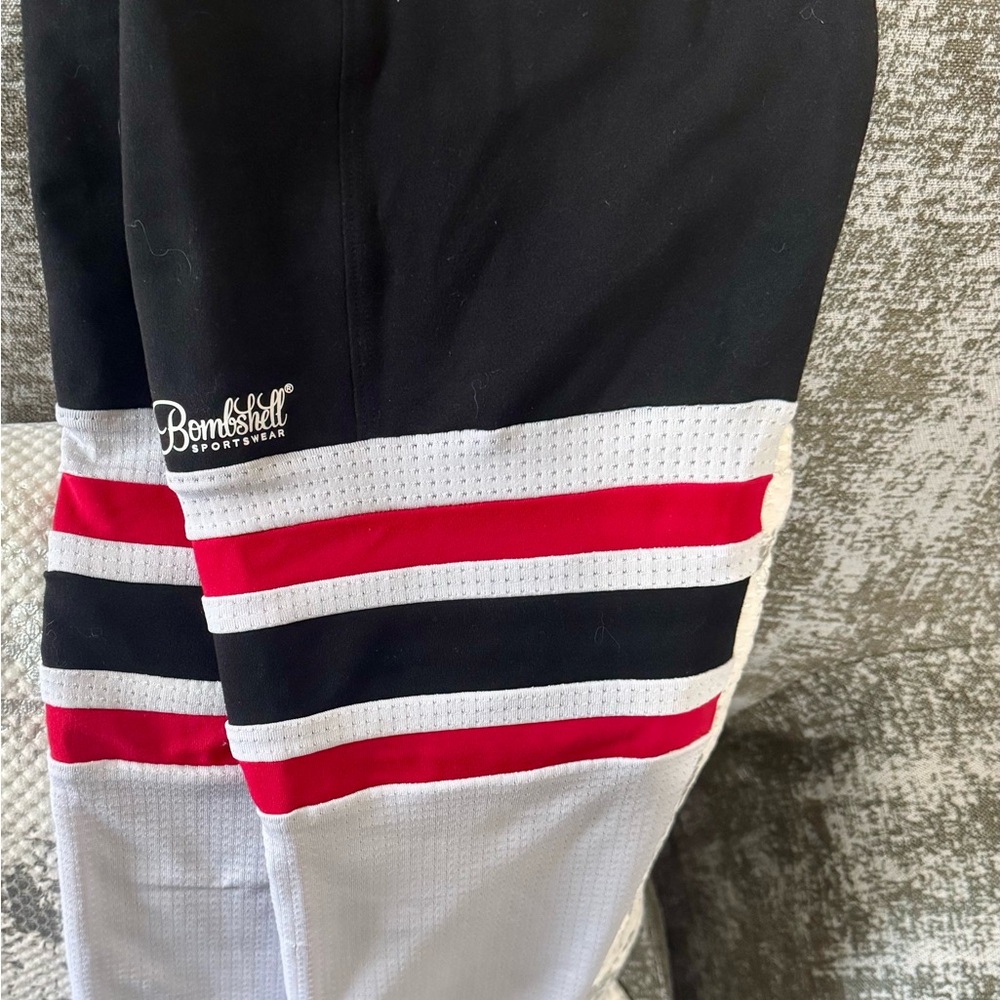 Bombshell Sportswear thighs High Black and White Leggings with Red Stripes. SM